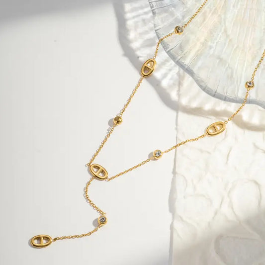 Collier Acier Inoxydable en forme de Y Ovale & Strass