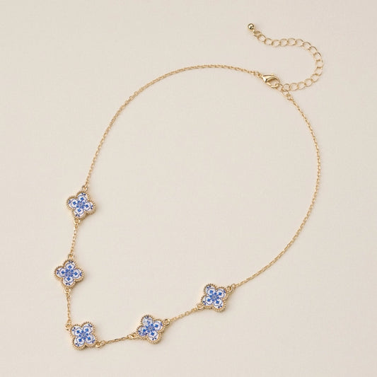 Collier Trèfle Floral Bleu en Émail
