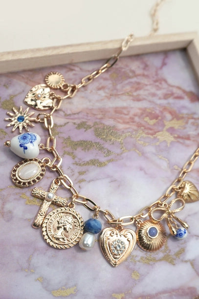 COLLIER CHARMS-CROIX CŒURS EN PORCELAINE