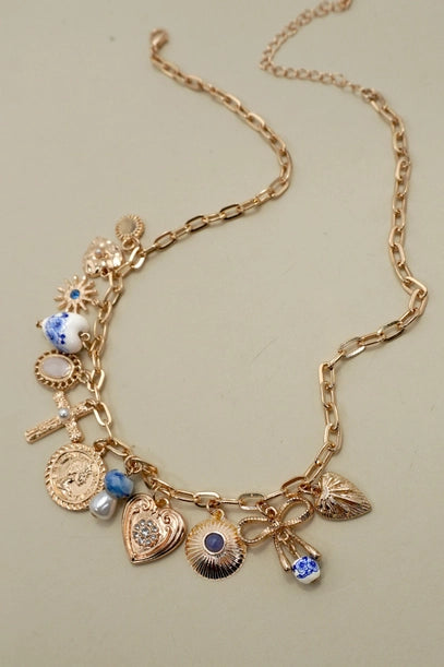 COLLIER CHARMS-CROIX CŒURS EN PORCELAINE
