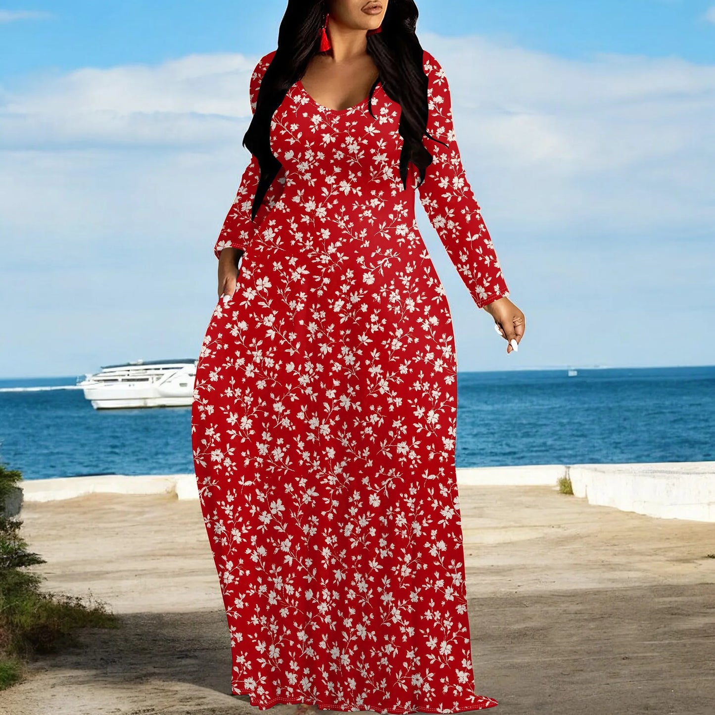 Robes longues manches imprimée florales