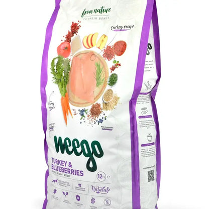 Croquettes Weego 12kg chien dinde et myrtilles.